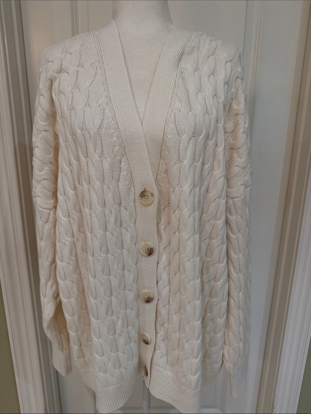 100% Cotton Cardigan Sweater Cream CableKnit  2XL Fisherman Collegiate Cabincore